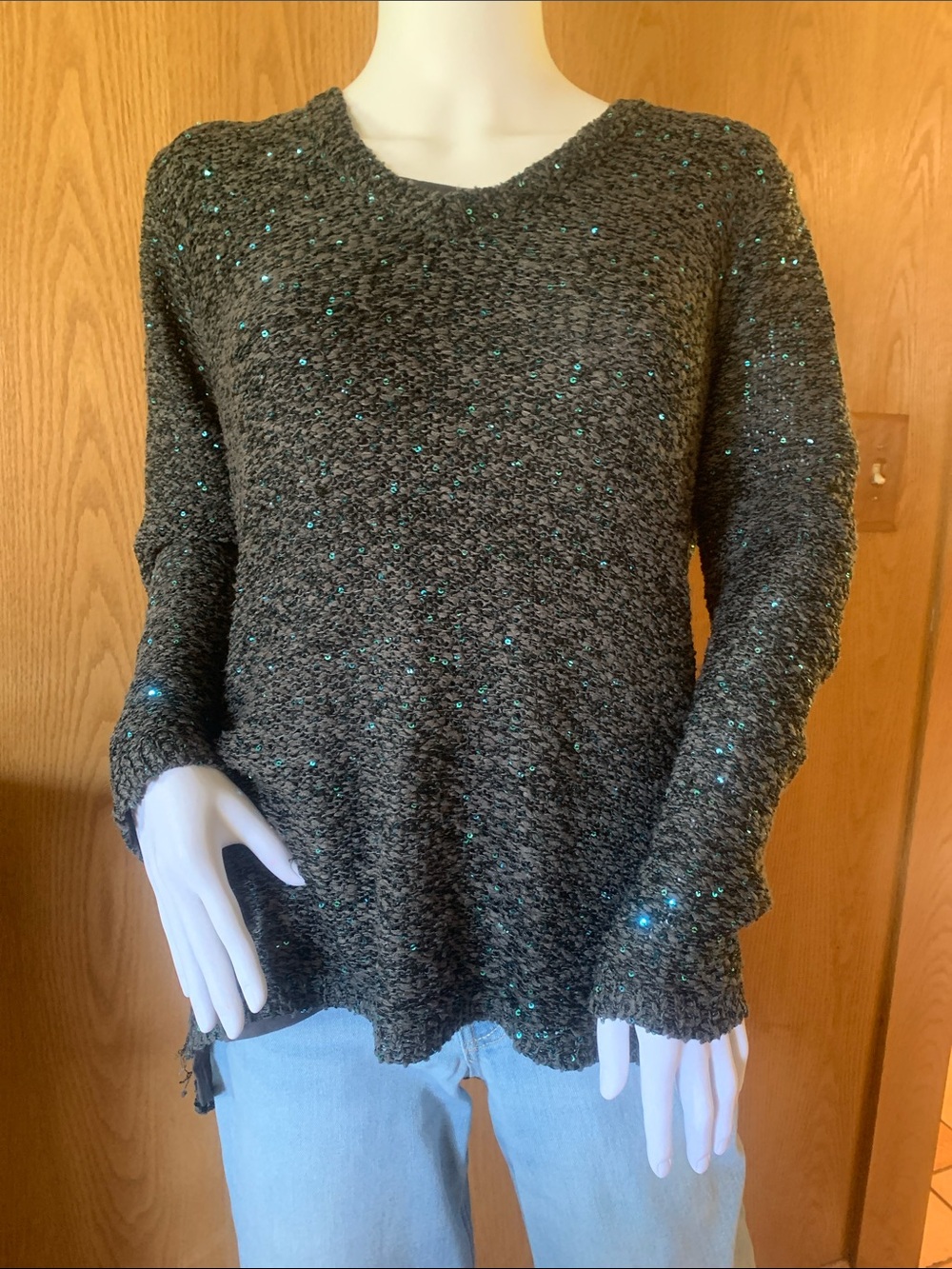 Apt. 9 Charcoal Crewneck Sweater with Teal Sequin Accents